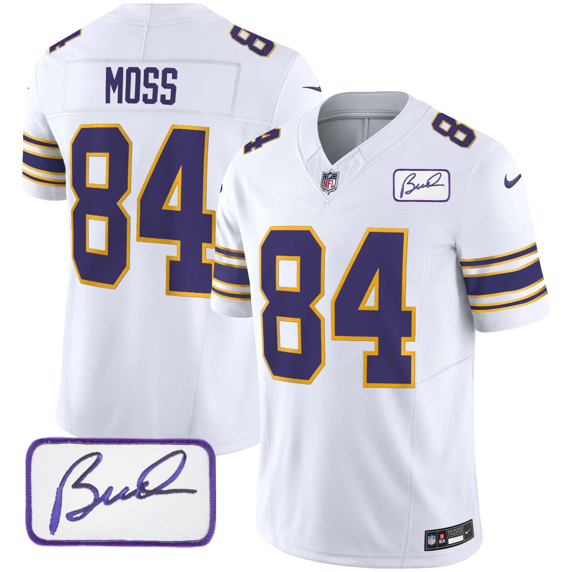 Men Minnesota Vikings 84 Moss White 2024 Nike Bud Grant Patch Classic Limited NFL Jersey